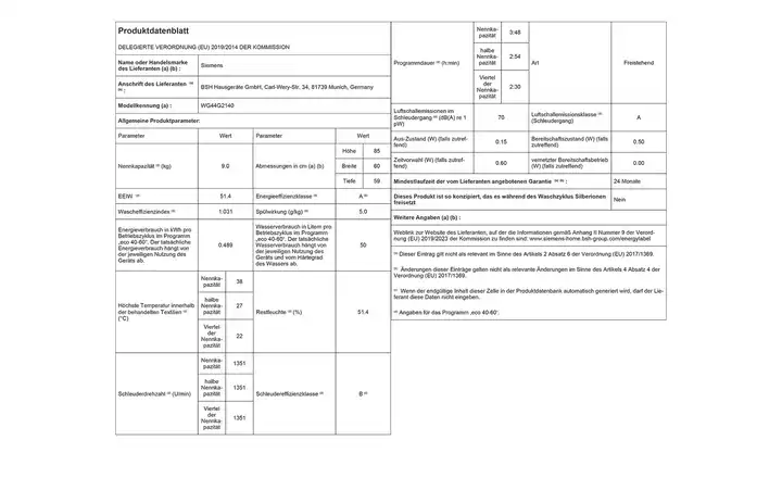 SIEMENSWaschvollautomat WG44G2140 Clearance-Verkauf