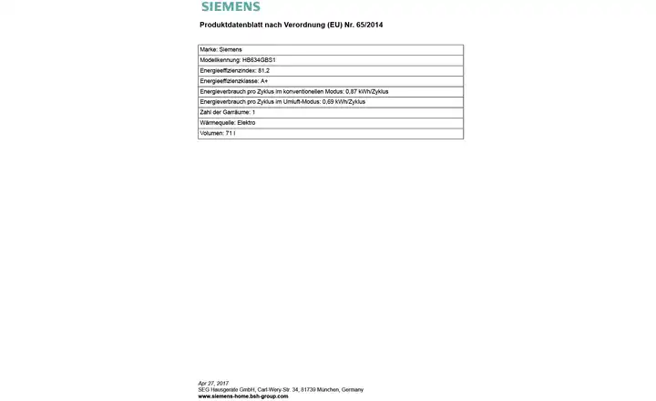 SIEMENSEinbau-Backofen HB 634 GBS1 Günstiger Verkauf