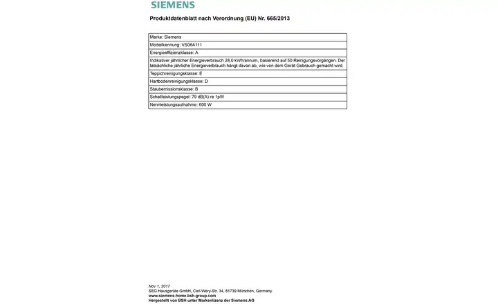 SIEMENSBodenstaubsauger VS06A111 Lagerräumung