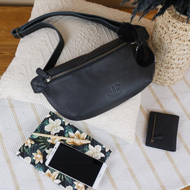 Leconi große Bauchtasche Umhängetasche Crossbody Ledertasche Leder schwarz LE3088 Begrenzt auf 3 Tage