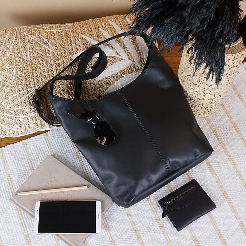 Leconi mittlere Umhängetasche Schultertasche Damentasche Leder schwarz LE0073 Limitierter Zeitrabatt