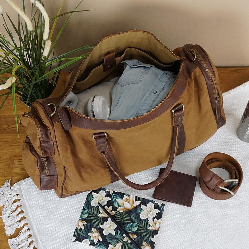 Leconi Reisetasche Weekender Sporttasche Leder Canvas cognac LE2017 Valentinstagsangebot