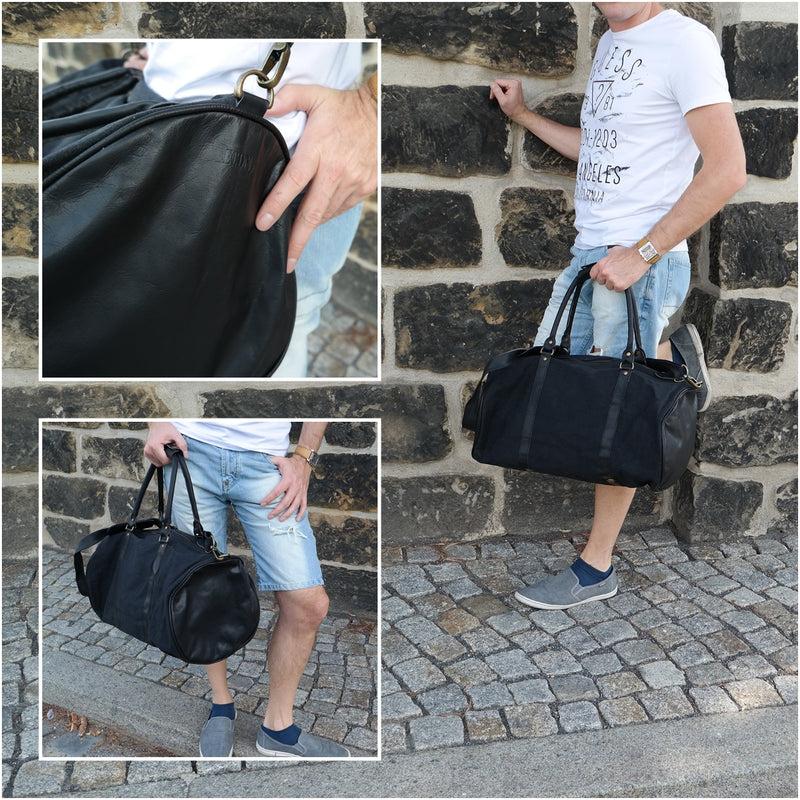 Leconi Weekender Reisetasche Sporttasche vintage Leder Canvas schwarz LE2004 Neuheiten