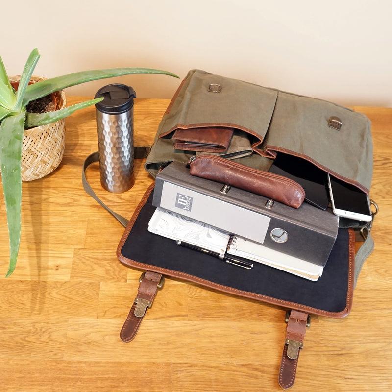 Leconi Messenger Bag Kuriertasche DIN A4 Leder Canvas grün LE3032 Bestseller