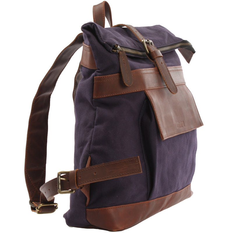 Leconi Roll Top Rucksack Freizeitrucksack Damen Herren Canvas Leder navy LE1035 Saisonale Angebote