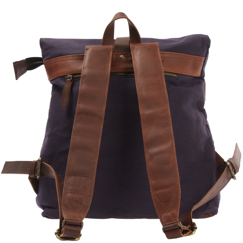 Leconi Roll Top Rucksack Freizeitrucksack Damen Herren Canvas Leder navy LE1035 Saisonale Angebote
