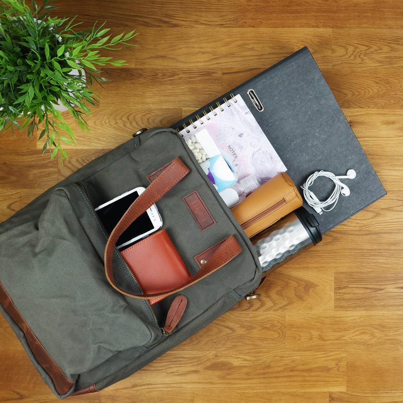 Leconi Rucksack Umhängetasche Damen Herren Leder Canvas grau LE1014 Kauf eins, bekomm eins gratis