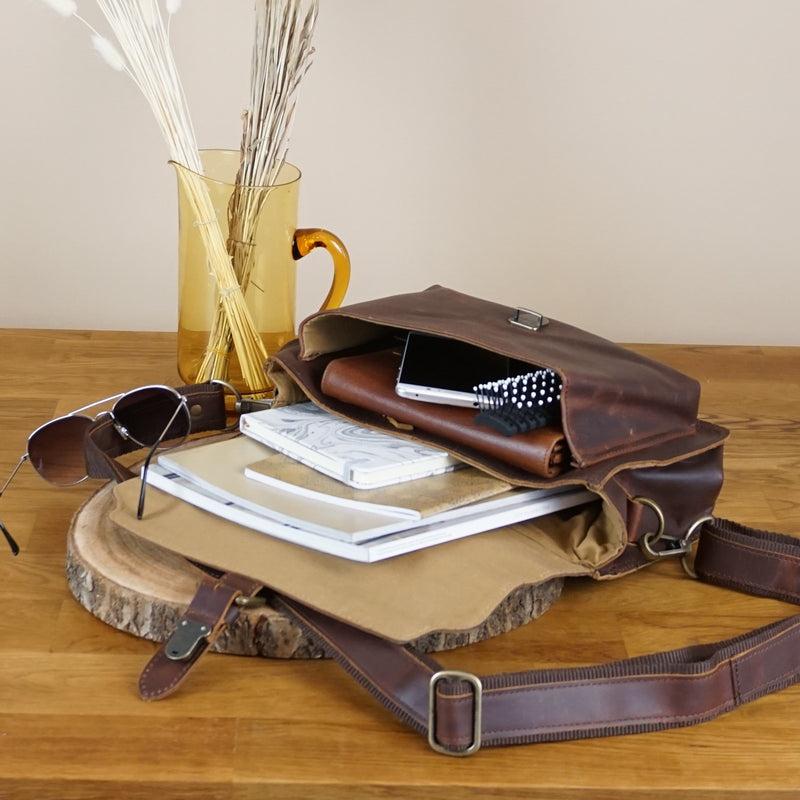 Leconi kleine Umhängetasche Schultertasche Damen Herren Leder braun LE3023 Tiefpreis