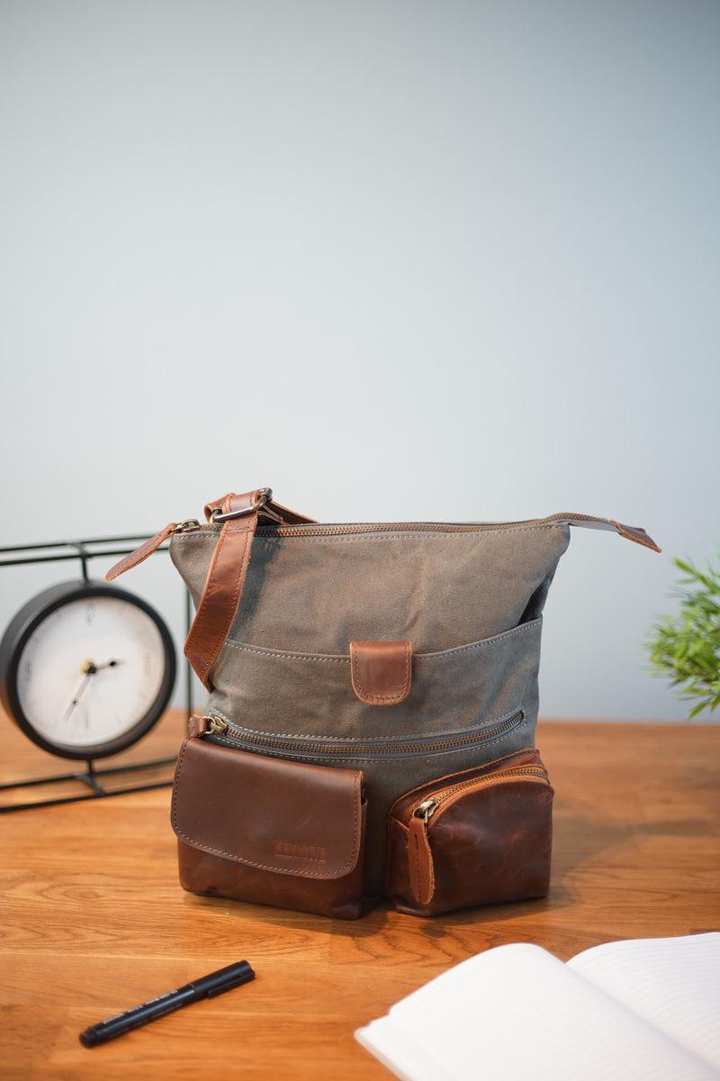 Leconi Umhängetasche Schultertasche Damen Herren Used Look Leder Canvas grau LE3011 Bis zu 50% Rabatt