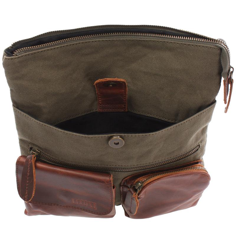 Leconi Umhängetasche Schultertasche Damen Herren Used Look Leder Canvas grün LE3011 Bis zu 60% Rabatt