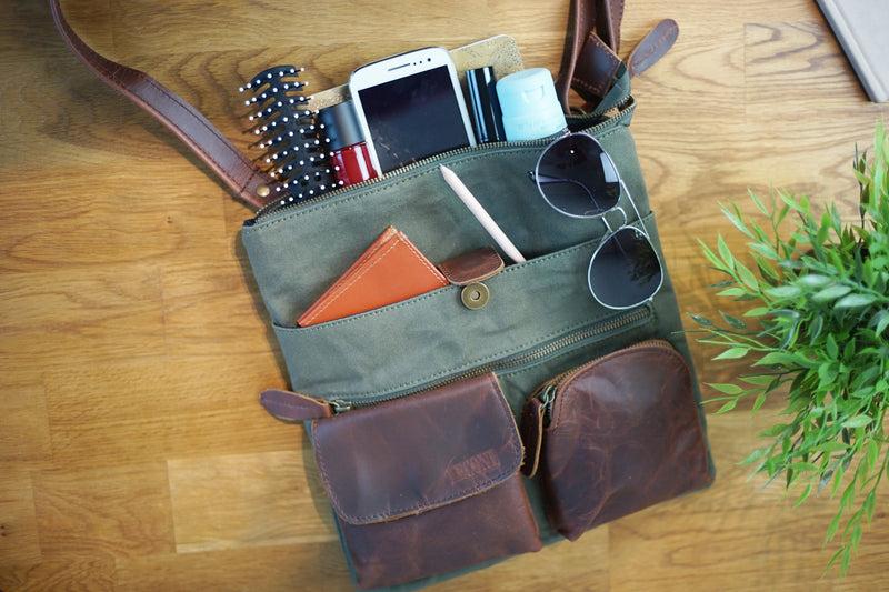Leconi Umhängetasche Schultertasche Damen Herren Used Look Leder Canvas grün LE3011 Bis zu 60% Rabatt