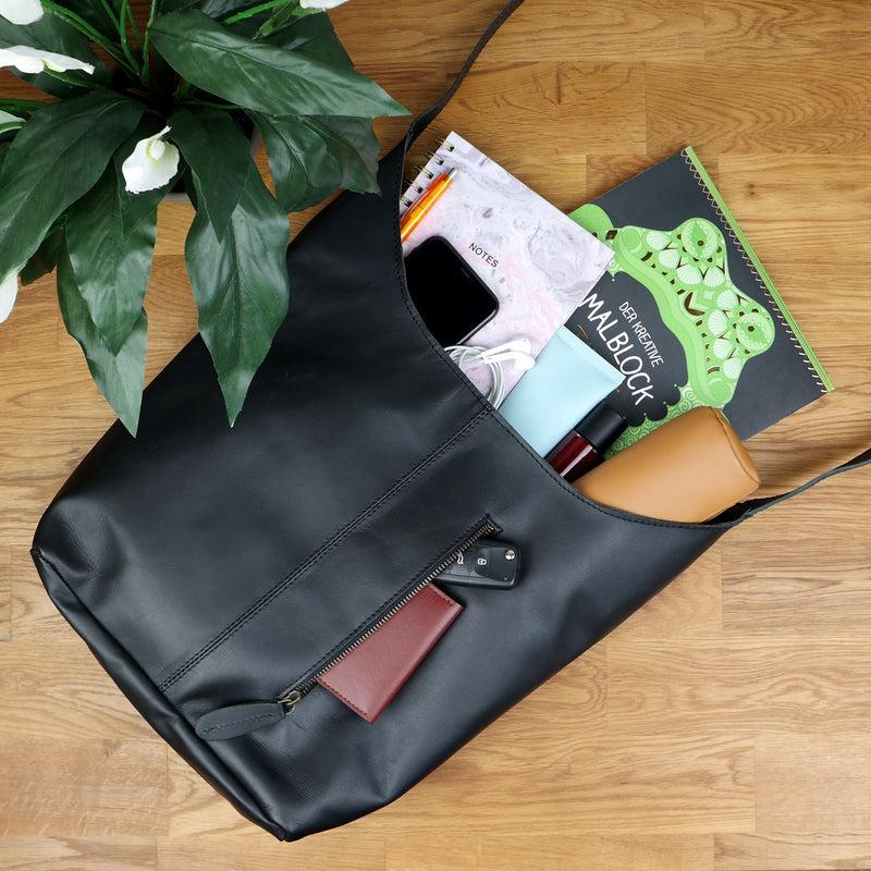 Leconi große Umhängetasche Schultertasche Beuteltasche Damentasche Leder schwarz LE0055 Discount Store für neue Produkte