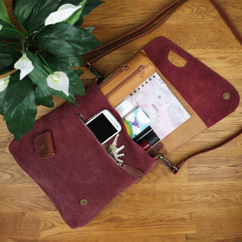 Leconi Umhängetasche Ledertasche Damen Schultertasche Wildleder bordeaux LE3027 Clearance-Verkauf