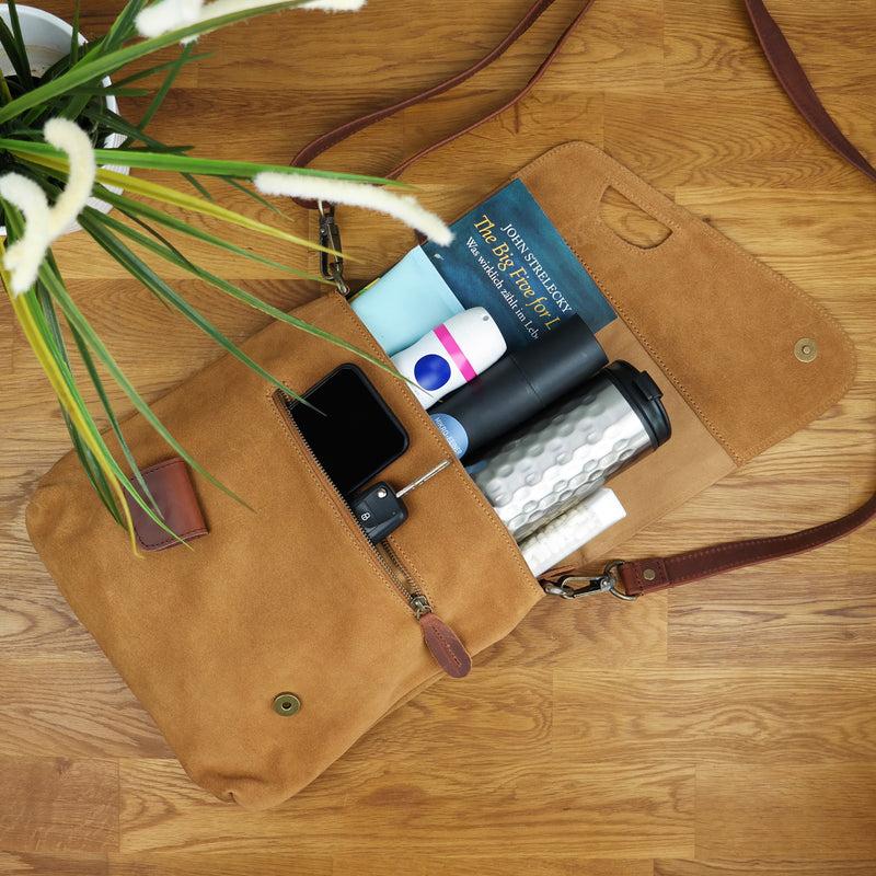 Leconi Umhängetasche Ledertasche Damen Schultertasche Wildleder cognac LE3027 Speichern exportieren