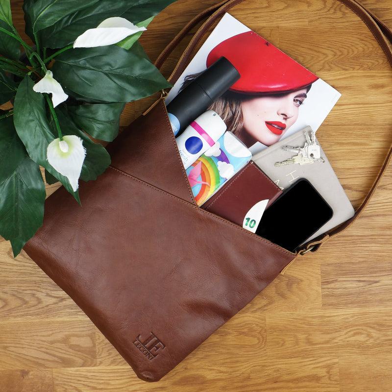 Leconi Schultertasche Umhängetasche Handtasche Leder braun LE0065 Im Verkauf