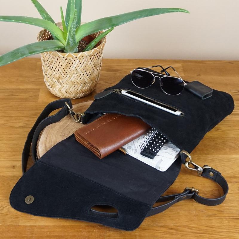 Leconi Umhängetasche Schultertasche Veloursleder schwarz LE3027 Online