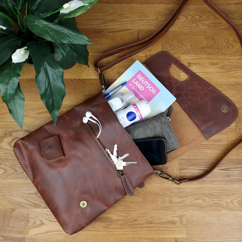 Leconi Umhängetasche Ledertasche Schultertasche Leder braun LE3027 Fabrikverkauf
