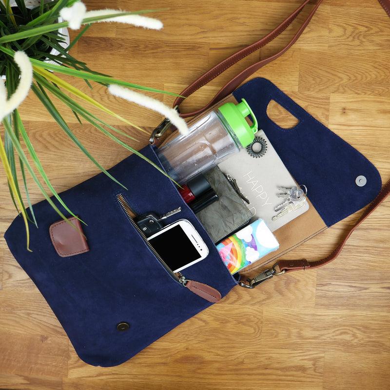 Leconi Umhängetasche Ledertasche Damen Schultertasche Wildleder navy LE3027 Kostenloser Versand