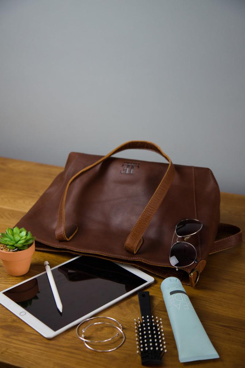 Leconi Schultertasche Damentasche DIN A4 Leder braun LE0071 Muttertagsangebot