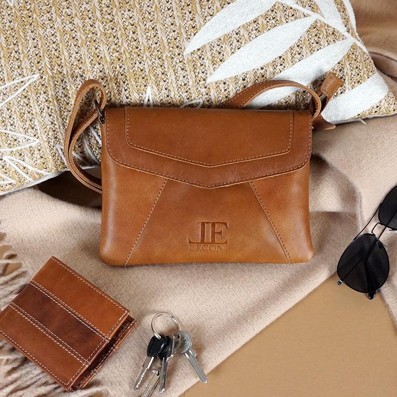 Leconi kleine Umhängetasche Ledertasche Damentasche Schultertasche Leder cognac LE3078 Zeitlich begrenztes Angebot