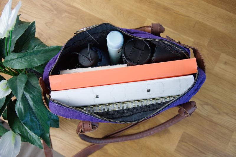Leconi Schultertasche Henkeltasche Damentasche Handtasche Leder Canvas lila LE0050 Neuheiten