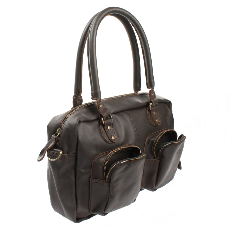 Leconi Schultertasche Handtasche Henkeltasche Damen Leder dunkelbraun LE0046 Sonderangebot