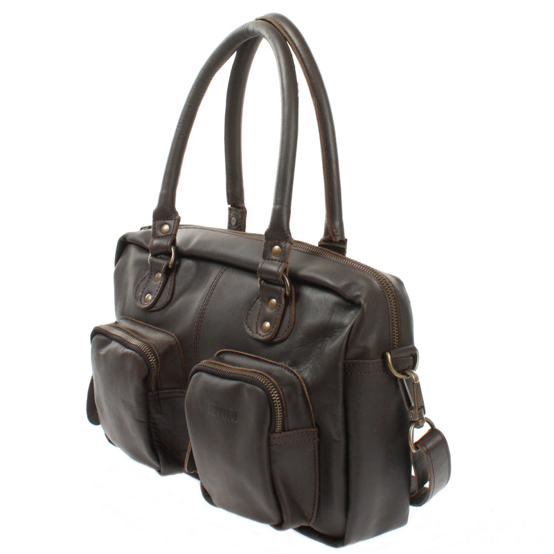 Leconi Schultertasche Handtasche Henkeltasche Damen Leder dunkelbraun LE0046 Sonderangebot