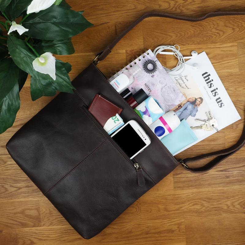 Leconi Umhängetasche Ledertasche Damen Schultertasche Leder dunkelbraun LE0066 Exklusivangebot