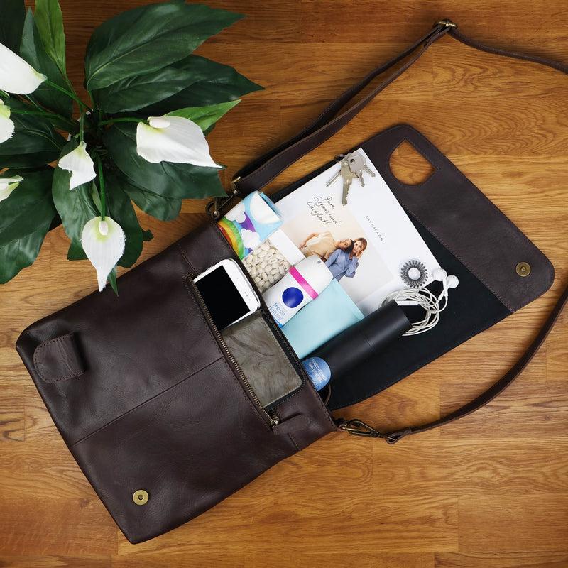Leconi Umhängetasche Ledertasche Damen Schultertasche Leder dunkelbraun LE3073 Black Friday