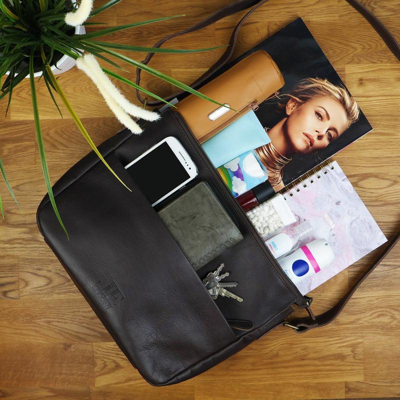 Leconi Umhängetasche Ledertasche Damen Herren Schultertasche Leder dunkelbraun LE0067 Muttertagsangebot