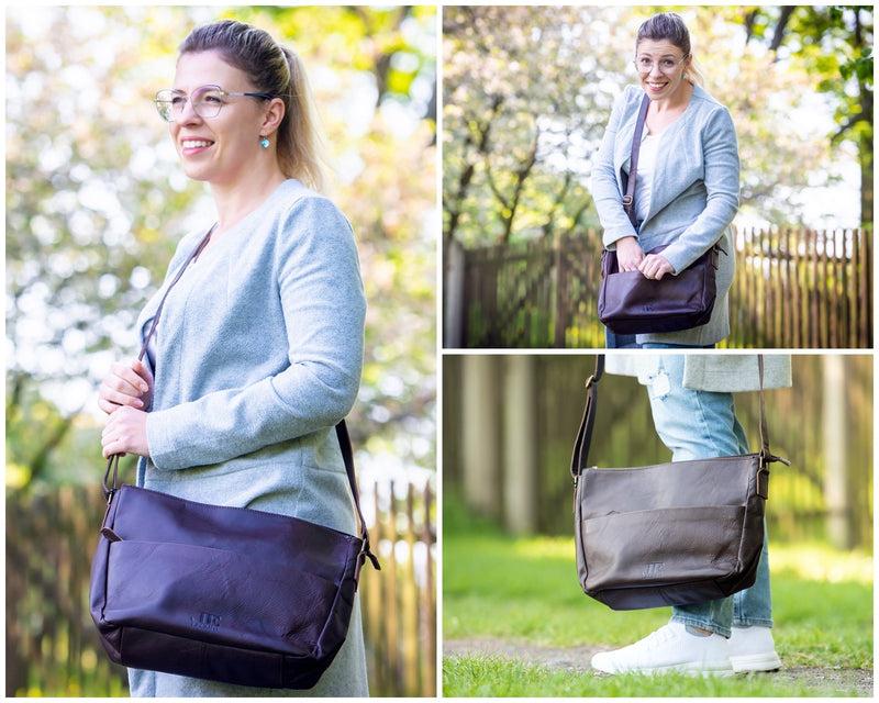 Leconi Umhängetasche Ledertasche Damen Herren Schultertasche Leder dunkelbraun LE0067 Muttertagsangebot