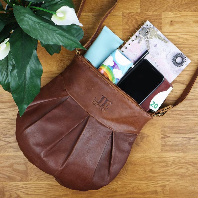 Leconi kleine Umhängetasche Ledertasche Damentasche Schultertasche Leder braun LE0070 Valentinstagsangebot