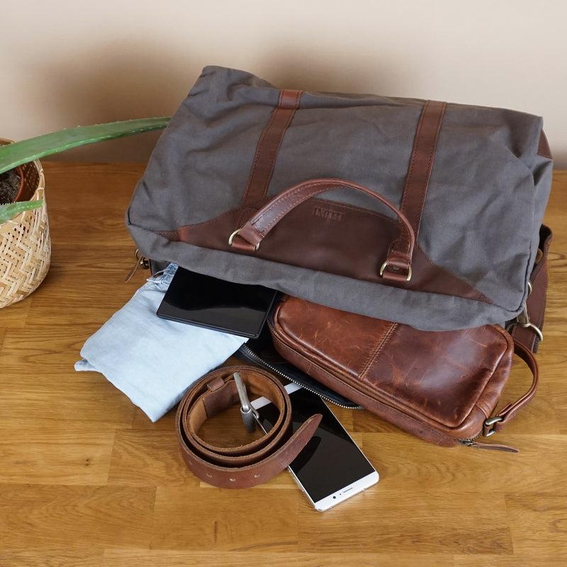 Leconi kleine Reisetasche Handgepäck Canvas Leder grau LE2009 Jubiläumsangebot