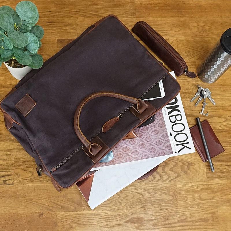 Leconi Aktentasche Arbeitstasche Bürotasche Canvas Leder mokka LE3066 Zeitlich begrenztes Angebot