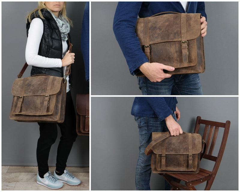 Leconi Messenger Bag Aktentasche Damen Herren Leder vintage braun LE3055 Blitzangebot