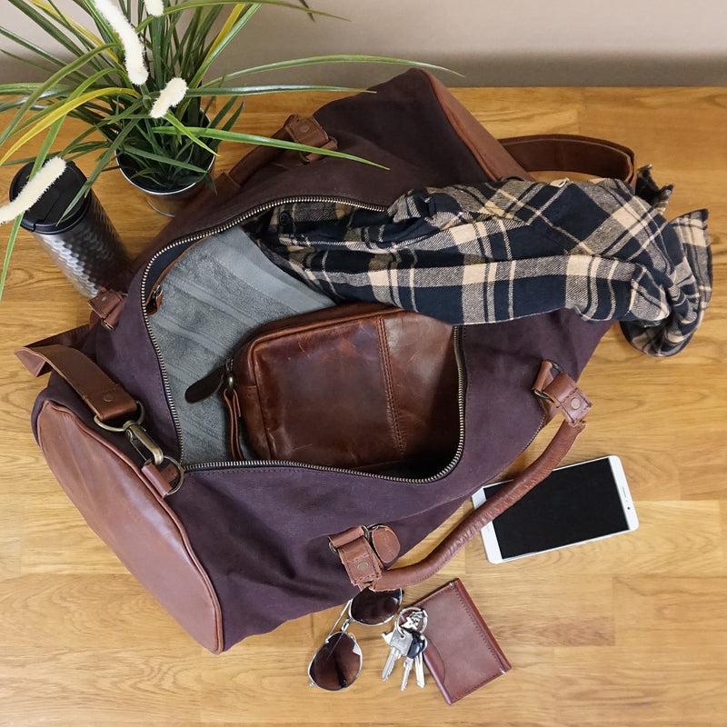 Leconi Weekender Reisetasche Sporttasche vintage Leder Canvas mokka LE2004 Neuheiten