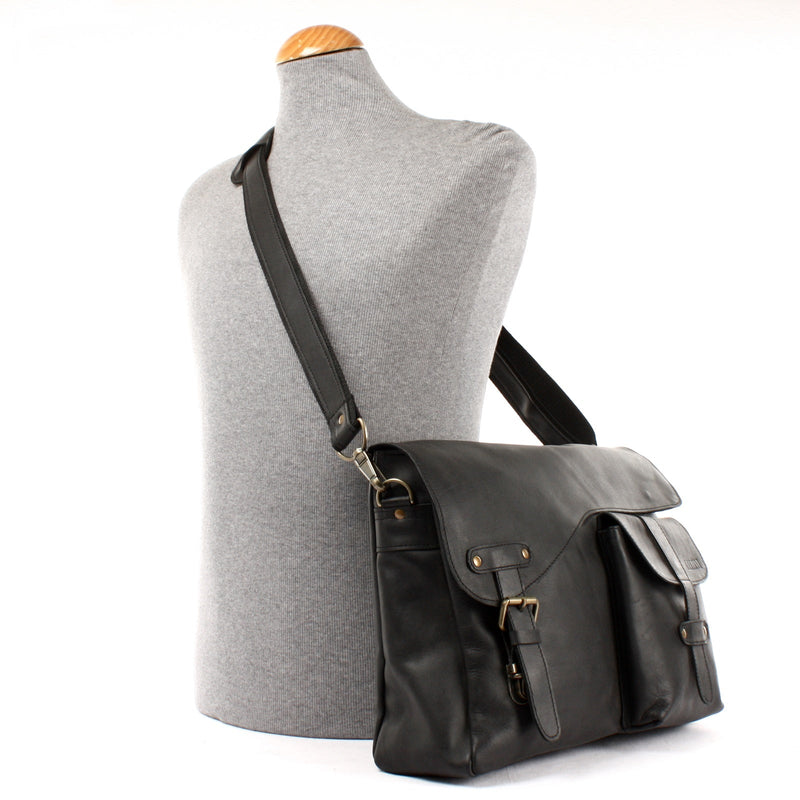 Leconi Messenger Bag Collegetasche DIN A4 Kuriertasche Leder schwarz LE3032 Saisonale Angebote
