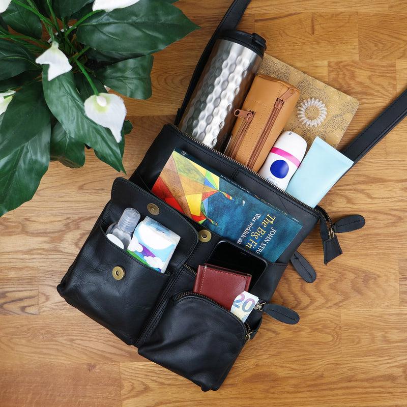 Leconi Umhängetasche Schultertasche Damen Herren Used Look Leder schwarz LE3011 Kauf eins, bekomm eins gratis