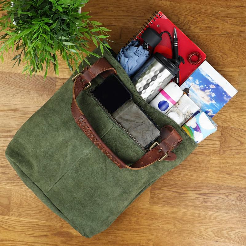 Leconi Henkeltasche Damentasche Veloursleder Leder grün LE0033 Bis zu 65% Rabatt