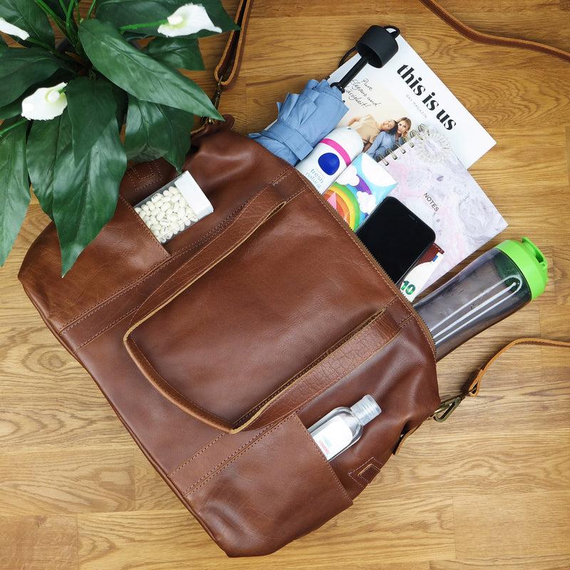 Leconi Shopper Schultertasche Henkeltasche Damen Handtasche Leder braun LE0061 Nur für heute