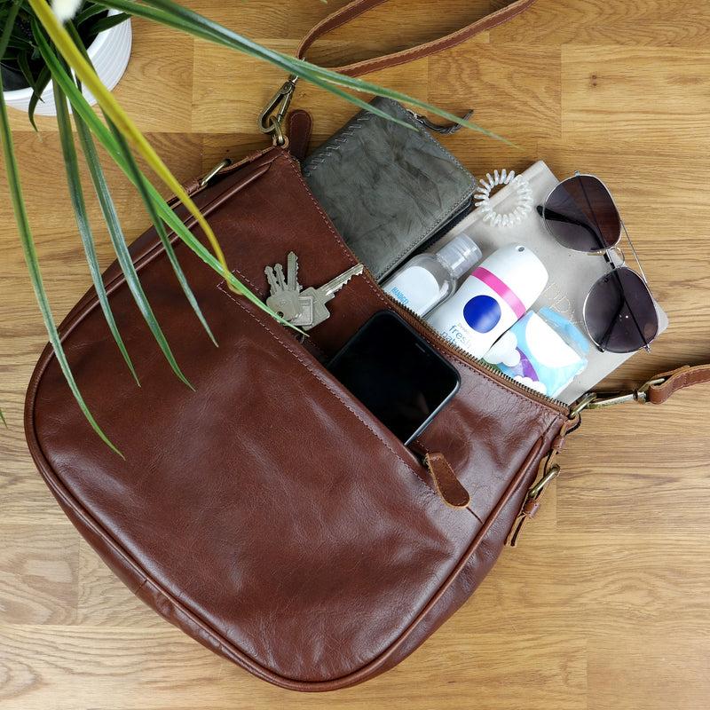 Leconi Schultertasche Henkeltasche Damentasche Leder braun LE0063 Nur noch ein Tag übrig