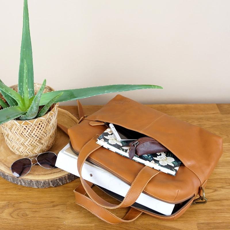 Leconi Schultertasche Henkeltasche Shopper Handtasche Damen Leder cognac LE0059 Super Rabatt