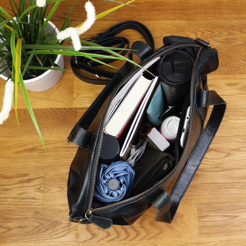 Leconi Shopper Schultertasche Henkeltasche Damen Handtasche Leder schwarz LE0061 50% Rabatt mit kostenlosem Versand