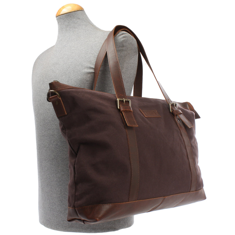 Leconi Weekender Reisetasche Shopper Damen Herren Leder Canvas mokka LE2013 2025
