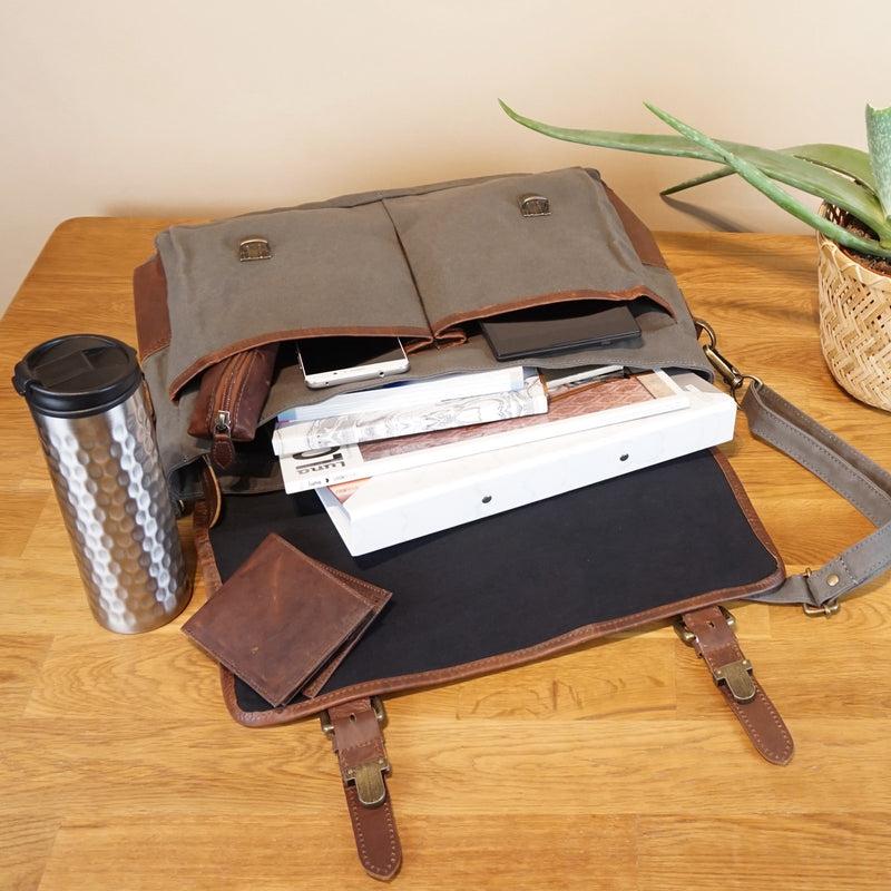 Leconi Kuriertasche Umhängetasche DIN A4 Leder Canvas grau LE3032 Auslauf