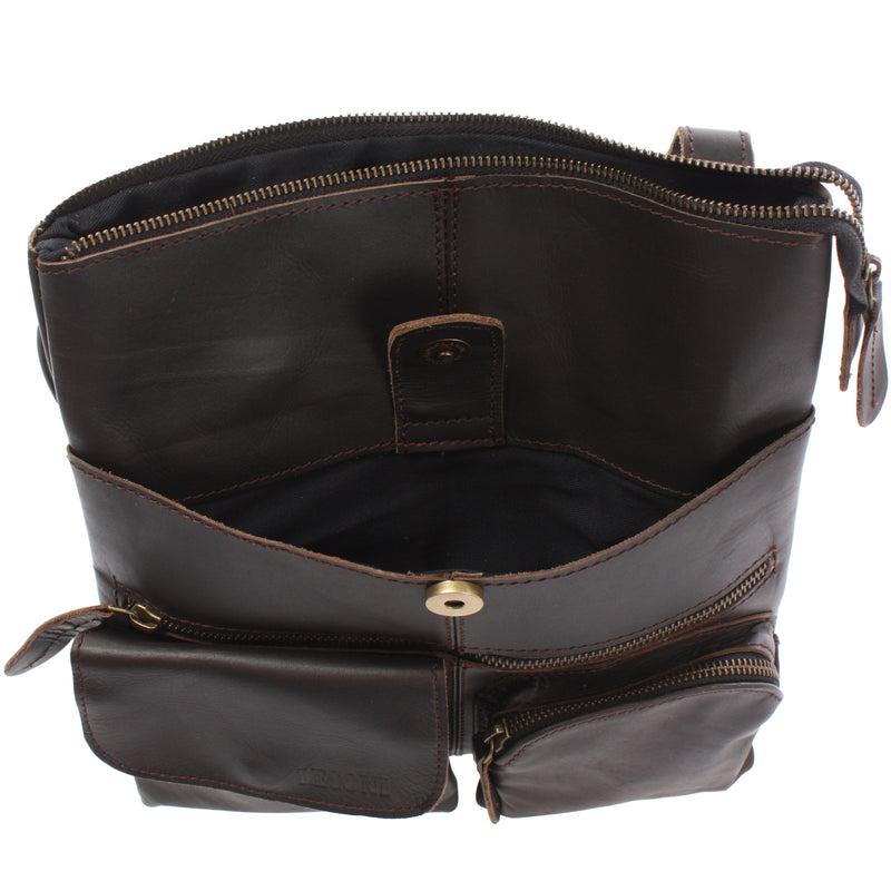 Leconi Umhängetasche Schultertasche Damen Herren Used Look Leder dunkelbraun LE3011 im Angebot