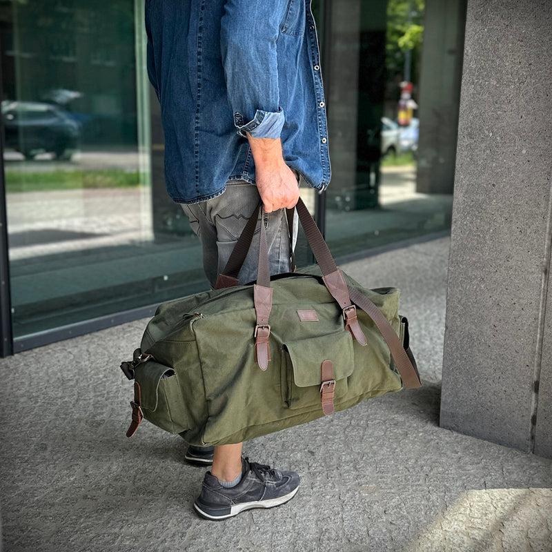 Leconi großer Weekender Reisetasche Sporttasche Damen Herren Leder Canvas grün LE2019 Fabrik Onlineshop