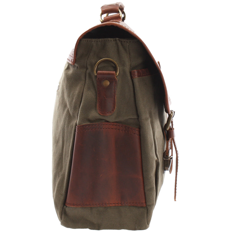 Leconi Messenger Bag Din A4 Kuriertasche Leder Canvas grün LE3018 Versandkostenfrei