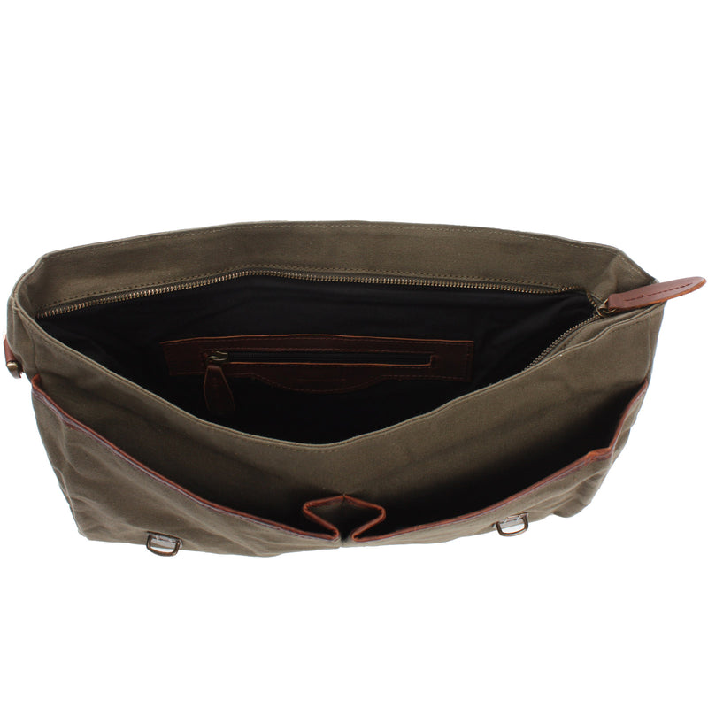 Leconi Messenger Bag Din A4 Kuriertasche Leder Canvas grün LE3018 Versandkostenfrei