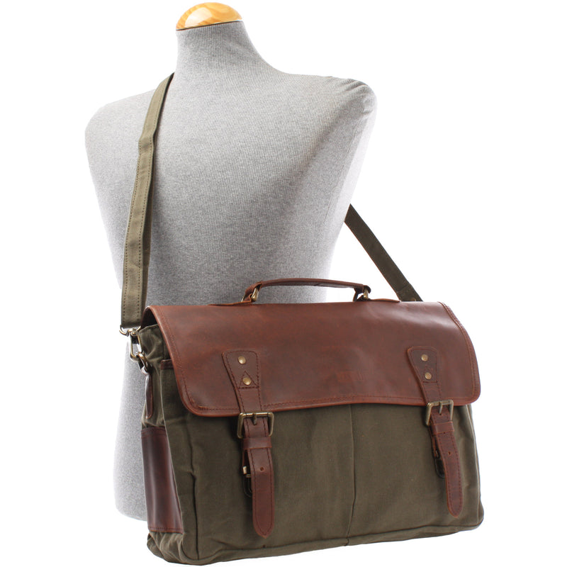 Leconi Messenger Bag Din A4 Kuriertasche Leder Canvas grün LE3018 Versandkostenfrei